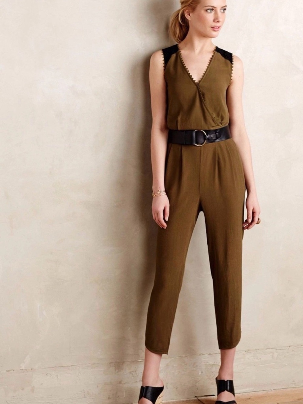 Anthropologie Leifsdottir Sani Lace Jumpsuit Moss Green Wrap Lace Size 2P